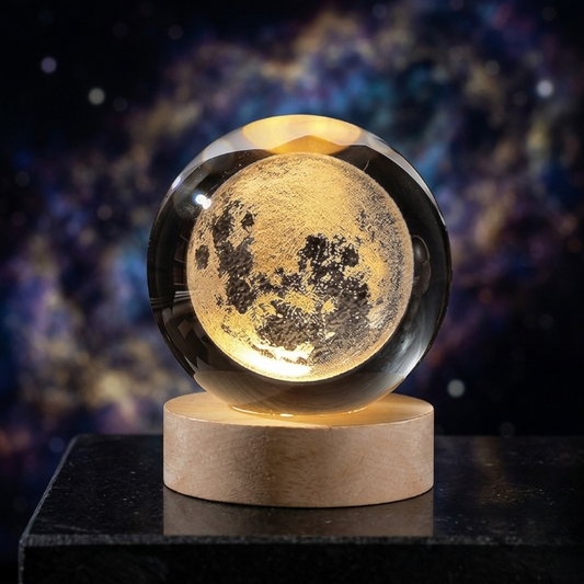 3D Galaxy Moon Crystal Ball Lamp with Wooden LED Base โ Decorative Night Light (Only Moon Shape)