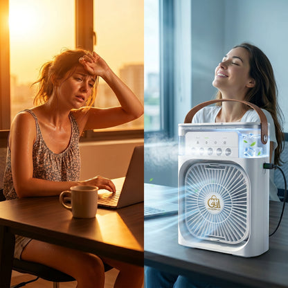 3-in-1 Portable Mini Air Cooler Fan with Humidifier & LED Light – Rechargeable Battery Backup for Load Shedding