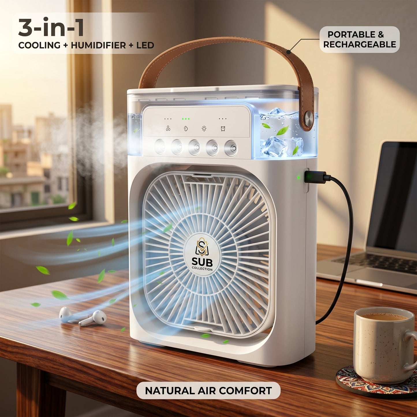 3-in-1 Portable Mini Air Cooler Fan with Humidifier & LED Light – Rechargeable Personal Cooling Fan with Battery Backup (10 Inch)