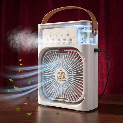 3-in-1 Portable Mini Air Cooler Fan with Humidifier & LED Light – Rechargeable Battery Backup for Load Shedding