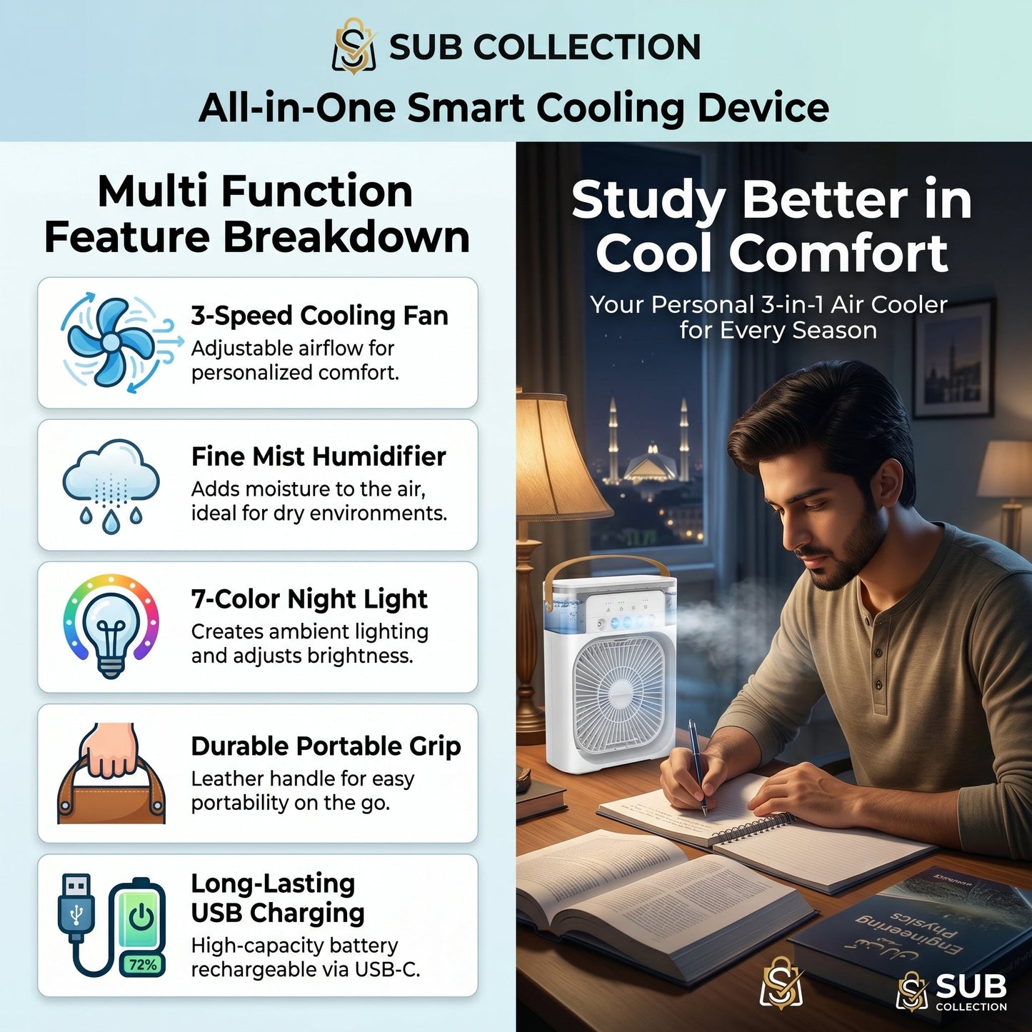 3-in-1 Portable Mini Air Cooler Fan with Humidifier & LED Light – Rechargeable Personal Cooling Fan with Battery Backup (10 Inch)