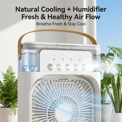 3-in-1 Portable Mini Air Cooler Fan with Humidifier & LED Light – Rechargeable Personal Cooling Fan with Battery Backup (10 Inch)
