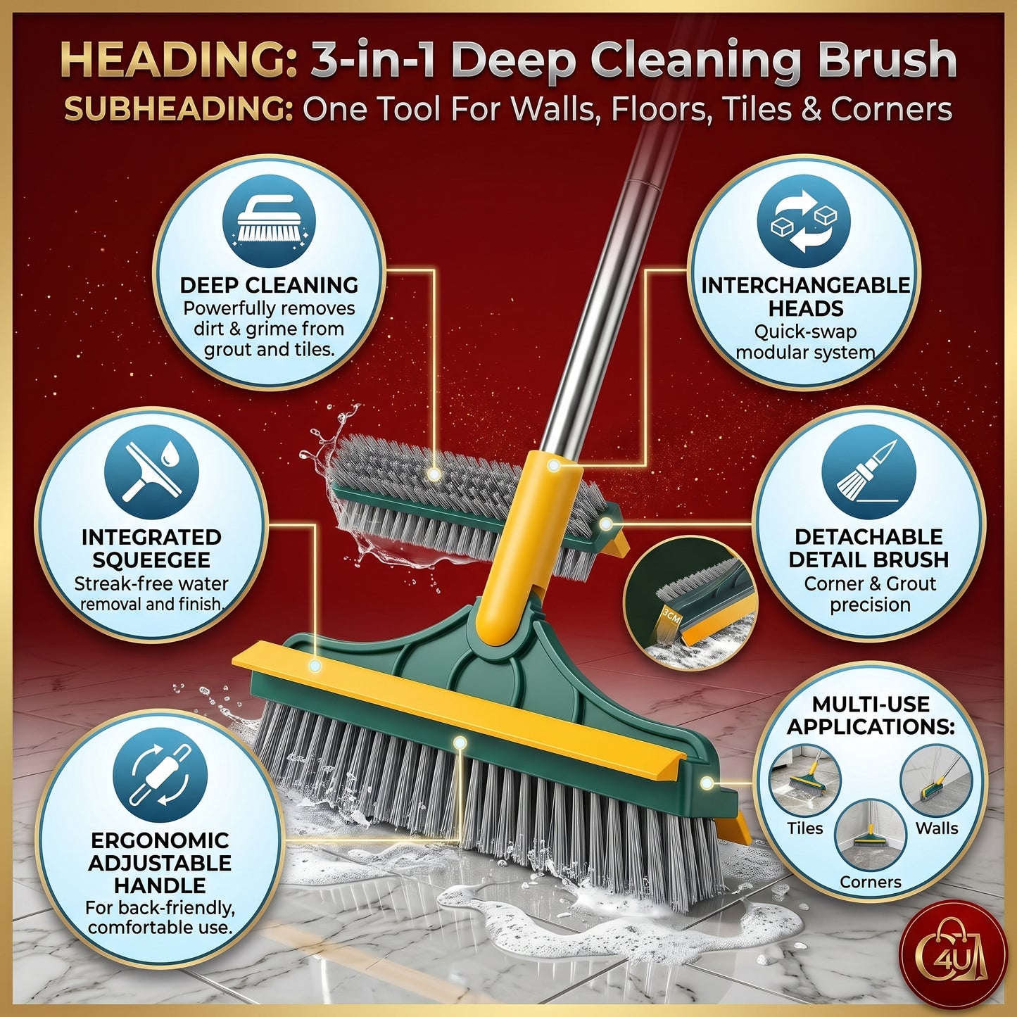 3-in-1 Deep Cleaning Brush – Powerful Scrubber for Floors, Walls, Tiles & Corners