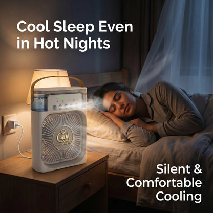 3-in-1 Portable Mini Air Cooler Fan with Humidifier & LED Light – Rechargeable Battery Backup for Load Shedding