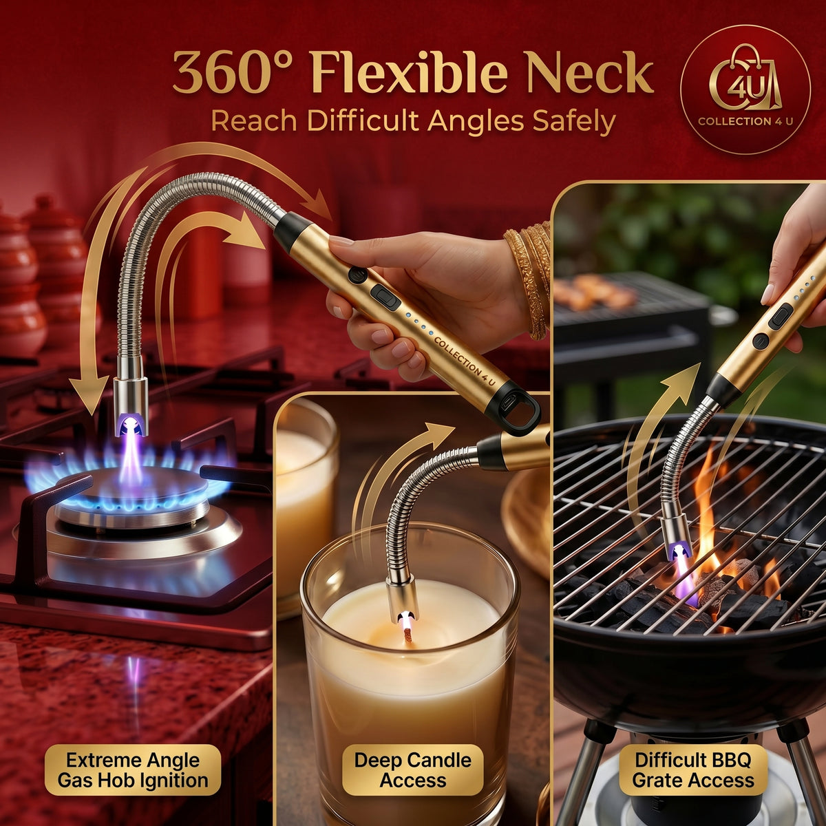Electric USB Rechargeable Kitchen Lighter – Windproof Flexible Arc Lighter for Gas Stove, BBQ & Candles